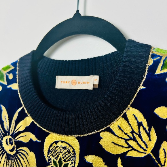 Tory Burch Hollis Cosmic Floral Velvet Foiled Gold Metallic Sweater Navy Blue S - Picture 4 of 12